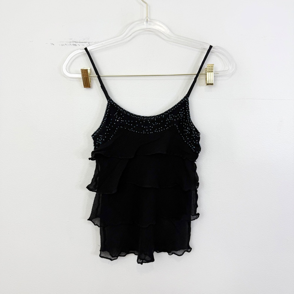 Wet Seal Vintage Y2K Black Silk Beaded Tiered Ruffle Cami Top Size XS